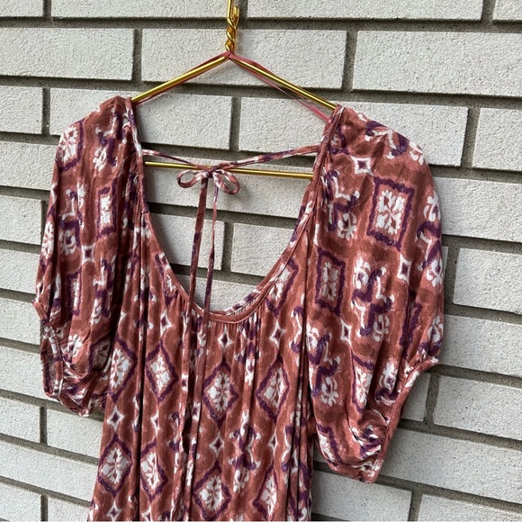 Knox Rose Rust Purple Ikat Puff Sleeve Tiered Midi Dress Pockets Tie Back Size L - Picture 9 of 13